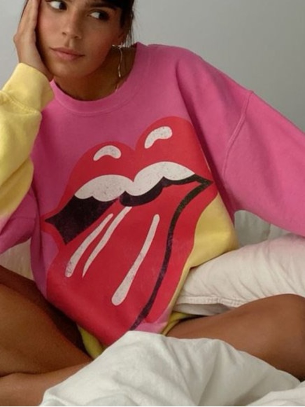 Urban Outfitters Pink and Yellow Graphic Rolling Stones Tongue Sweatshirt